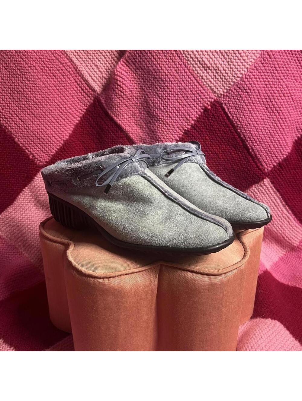vintage grey-blue suede fleece bow mules